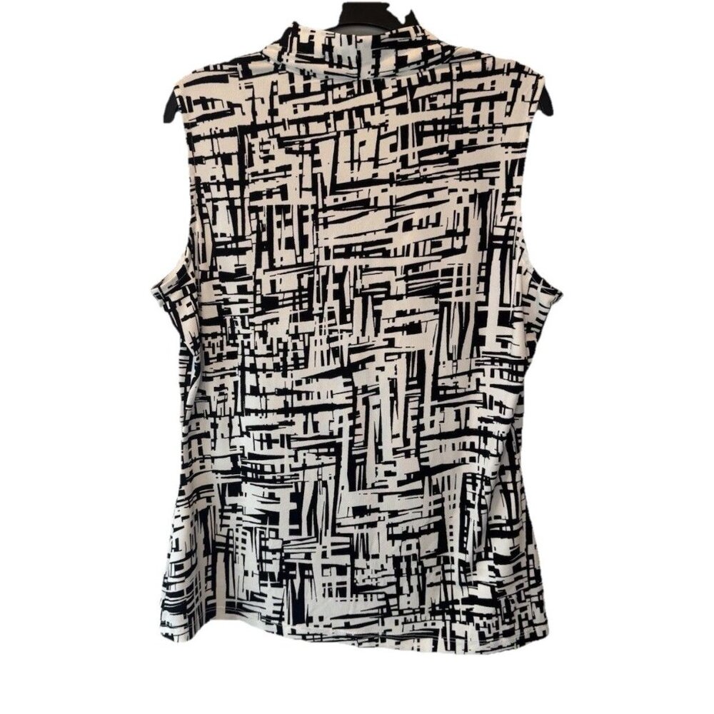 Calvin Klein Womens Black White Abstract Sleeveless Pleated V Neck Top S Classic - Picture 3 of 7